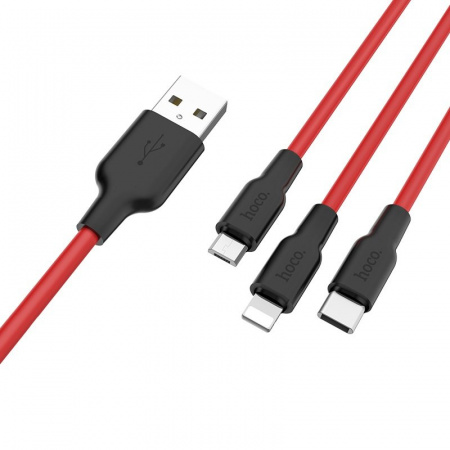 Кабель 3 в 1 Hoco X21 Silicone, lightning, micro USB, USB Type-C, черно-красный 1.2 м