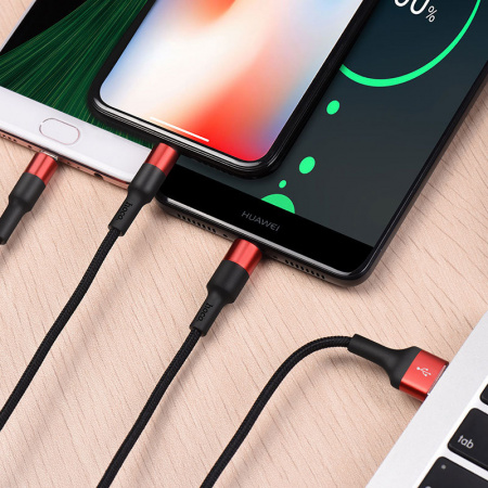 Кабель 3 в 1 Hoco X26, lightning, micro USB, USB Type-C, черно-красный